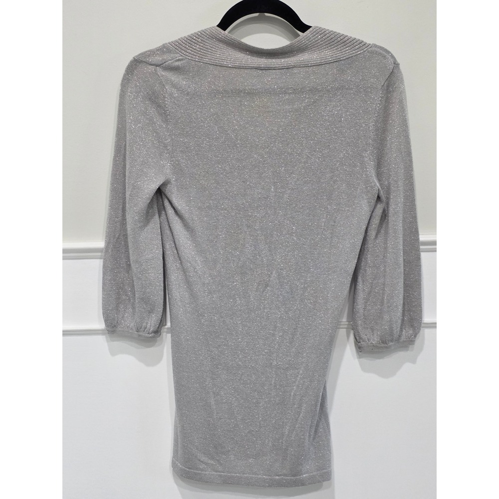 White‎ House Black Market Silver Metallic V-Neck 3/4 Sleeve Knit Top Small - Picture 2 of 6